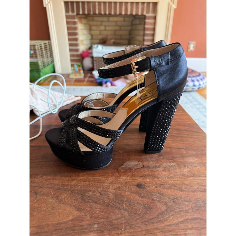 Michael Michael Kors Black Sequin Satin Crystal Platform Ankle Strap Hero Sz 9.5